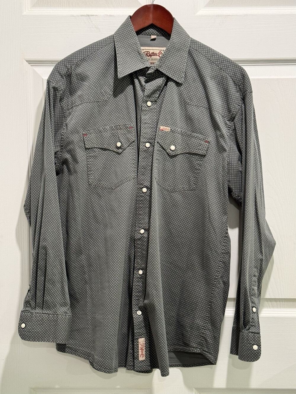 Rafter C Western Shirt Large Gray White Dots Pearl Snap ProFlex45 Performance